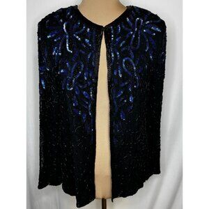 Vintage AP Ltd XL Black Silk Beaded Blue Sequined Jacket Open Front